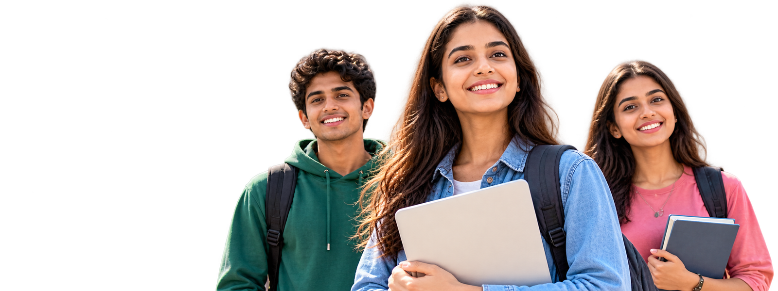 Three students facing the camera, representing education and career opportunities