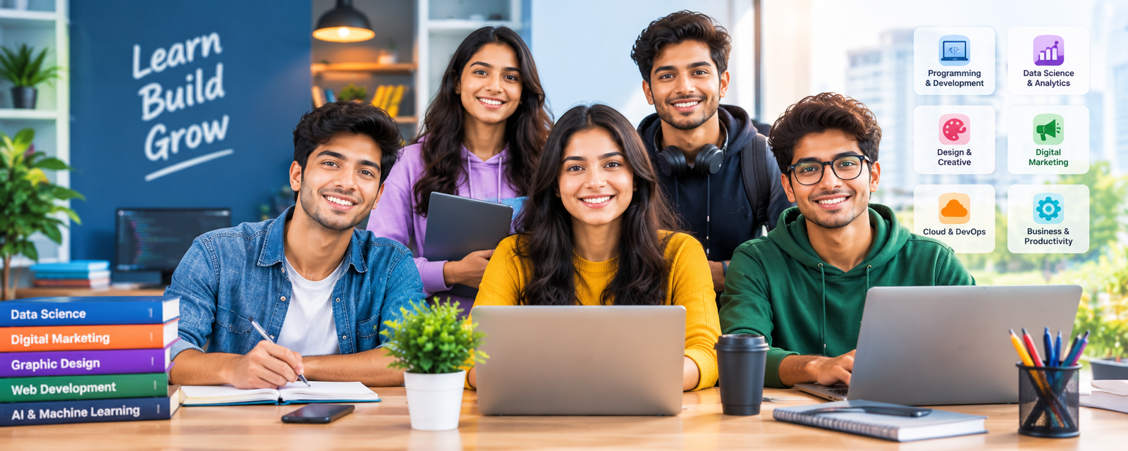 Students learning technology, data science, design, marketing and other career skills