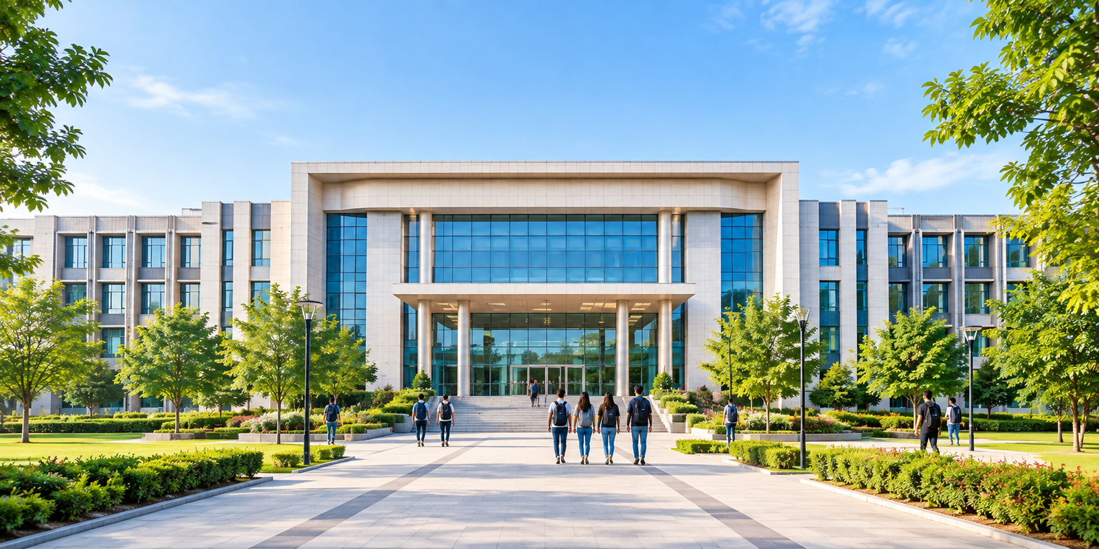 Modern university campus with students